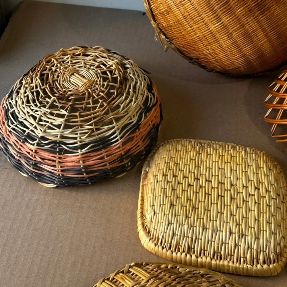 Vintage Woven Wicker Basket Lot 6pc Boho Wall Decor Trays Bowls Natural Wood